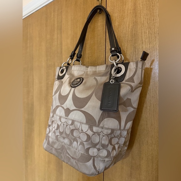 Coach Signature Stripe Khaki Satin Tote Bag Brown Leather Trim Style 14449 - Picture 14 of 16